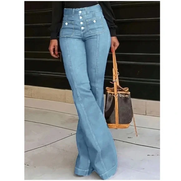 Light Wash High waisted Button Fly Flared
Leg Denim  Stretchy Jeans - Picture 2 of 3